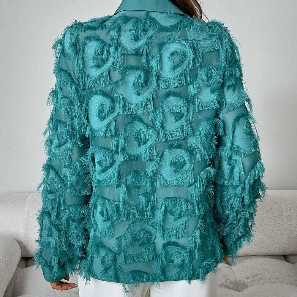Cadet Blue Casual Women's Vacation Style Fuzzy Trim Long Sleeve Shirt - Picture 2 of 6